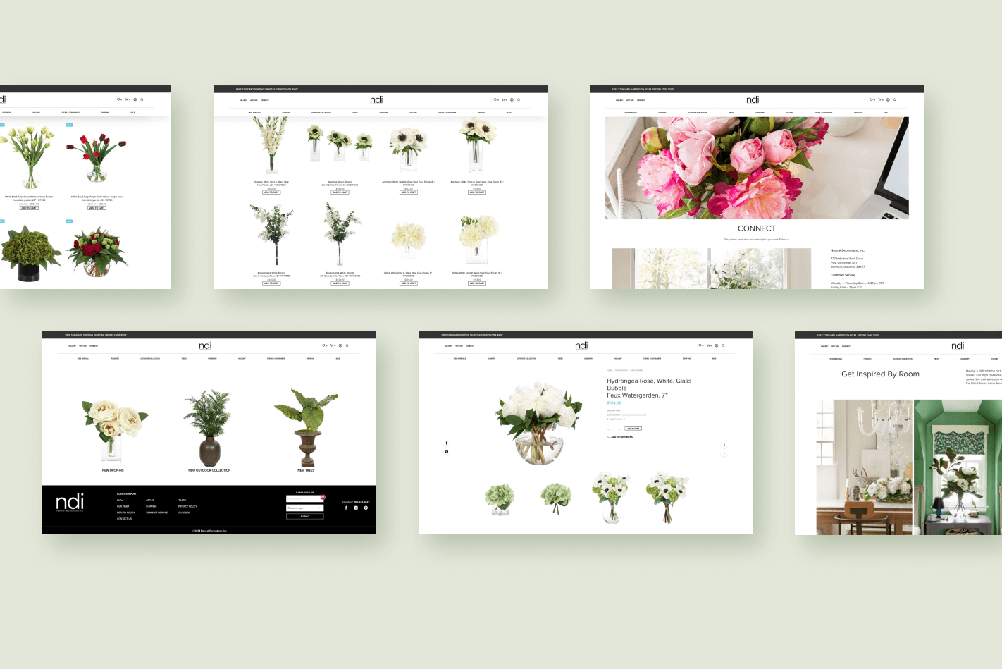Collage of six web pages showcasing floral arrangements, seamlessly blending e-commerce functionality. Each image presents diverse styles, from bouquets to potted plants, all within bright, minimalist designs featuring product thumbnails and descriptions perfect for a WooCommerce platform.