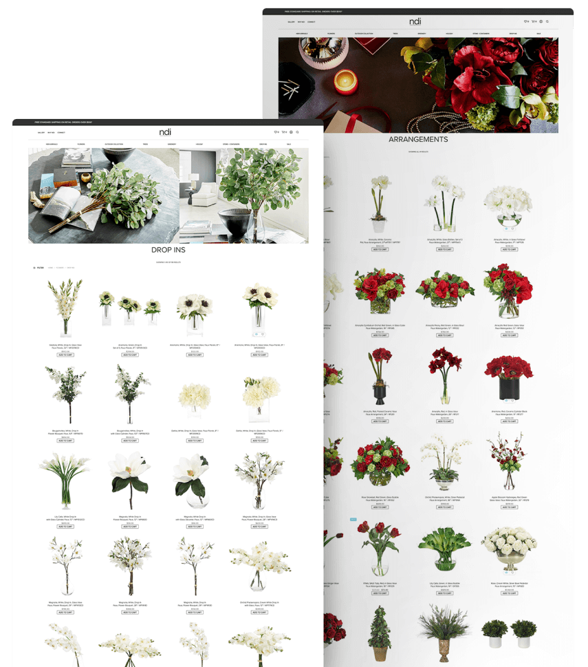 Two overlapping floral catalog pages in an e-commerce format. The left page showcases white flower drop-ins in vases with descriptions, while the right highlights red and white arrangements in various vase styles. A partial header image suggests a seamless woocommerce browsing experience.