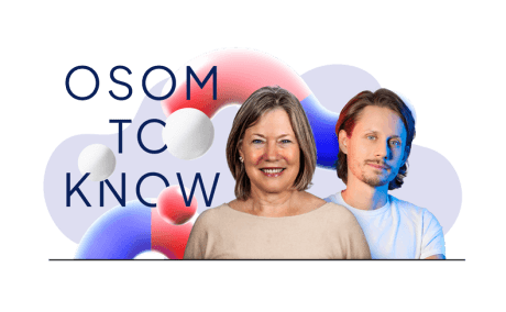 Two individuals, a woman and a man, stand before a colorful abstract background featuring the text "OSOM TO KNOW," perfectly capturing the essence of tech B2B innovation. The design includes spheres and gradient-colored shapes, echoing dynamic website messaging that speaks to industry leaders.