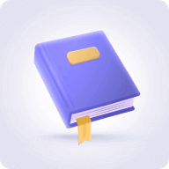 Illustration of a closed purple book with a yellow label and bookmark on a light grey background.