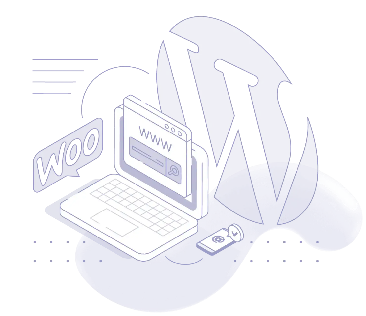 Digital illustration of a WordPress logo with a laptop displaying a browser window. Beside it is a card labeled "Woo," representing WooCommerce. Abstract shapes and lines are in the background, suggesting a tech and web development theme.