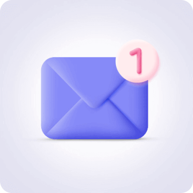 A purple envelope icon with a notification bubble in the top right corner displaying the number one, indicating a new message. The background is light gray.