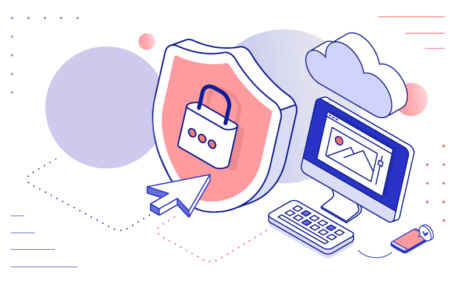 An illustration of a computer monitor, keyboard, shield with a padlock, cloud, and USB drive highlights WordPress security AU and online data protection, with a large mouse cursor pointing at the shield.