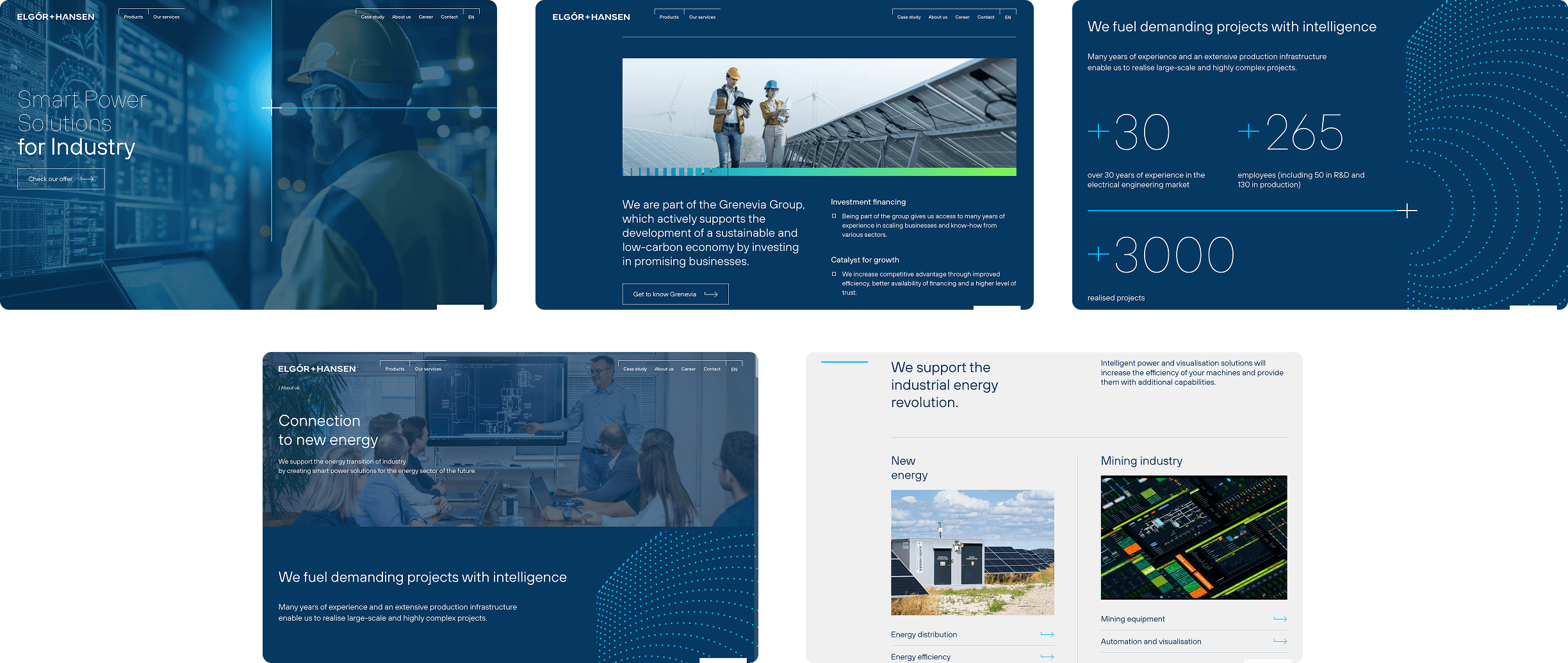 A collage of five website screenshots highlights professionals in industrial and energy settings, user-friendly blue-themed dashboards, project statistics, and digital displays related to smart power solutions and renewable energy projects.