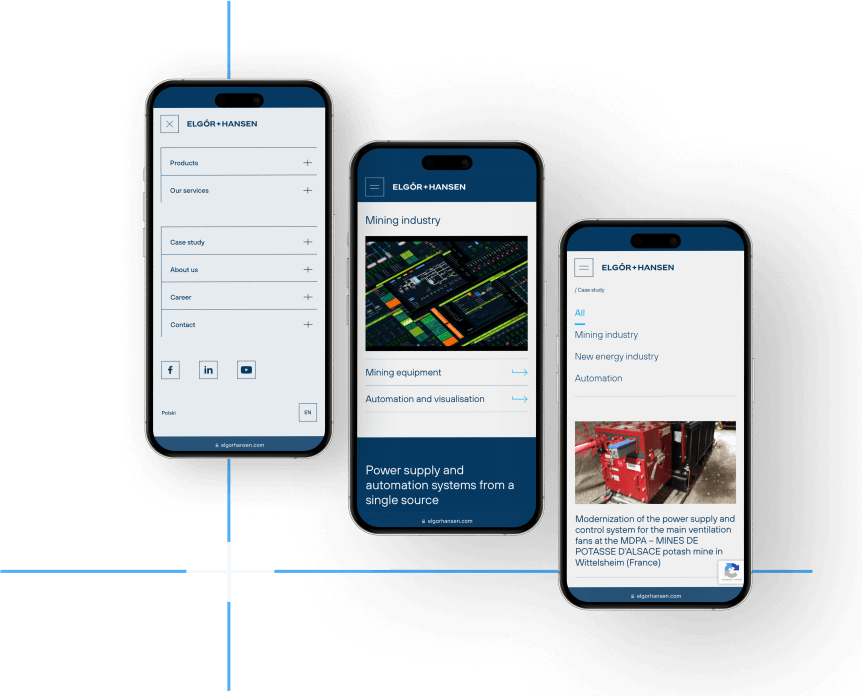 Three smartphones display different screens of a user-friendly business website, built on WordPress, showcasing navigation menus, mining industry information, and a news article about power supply automation in a blue and white color scheme.