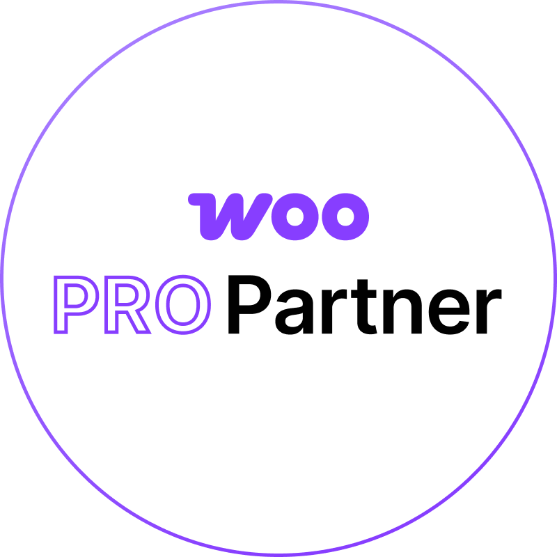 Logo with a circle outline featuring the text "Woo" in purple and "PRO Partner" in black inside, reflecting the expertise of a premier WordPress development agency.