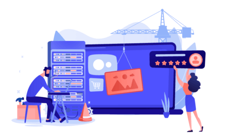 Illustration of a man working at a computer near servers, symbolizing migration from Joomla to WordPress, while a woman holds up a five-star rating. A large screen shows construction elements, an image icon, and a crane in the background.