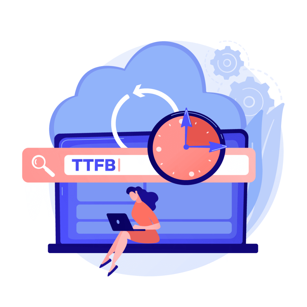 Illustration of a woman with a laptop in front of a large screen displaying "TTFB," alongside a search bar, clock, cloud, and gears, symbolizing WebOptimization and website performance for platforms like WordPress.
