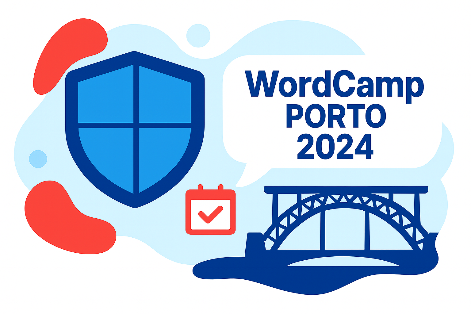 Illustration with a blue shield symbolizing cybersecurity, a calendar icon, Dom Luís I Bridge silhouette, and "WordCamp PORTO 2024" in a speech bubble on a light abstract background.