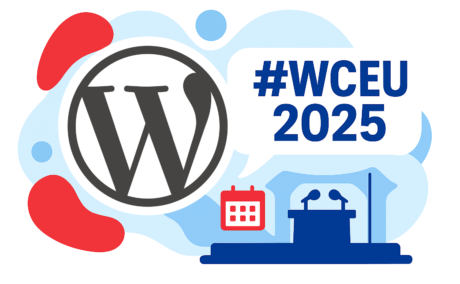 WordPress logo next to a speech bubble with "#WCEU 2025," a calendar icon, and a stage with microphones— all in blue, red, and white— captures the excitement of WordCamp WCEU.