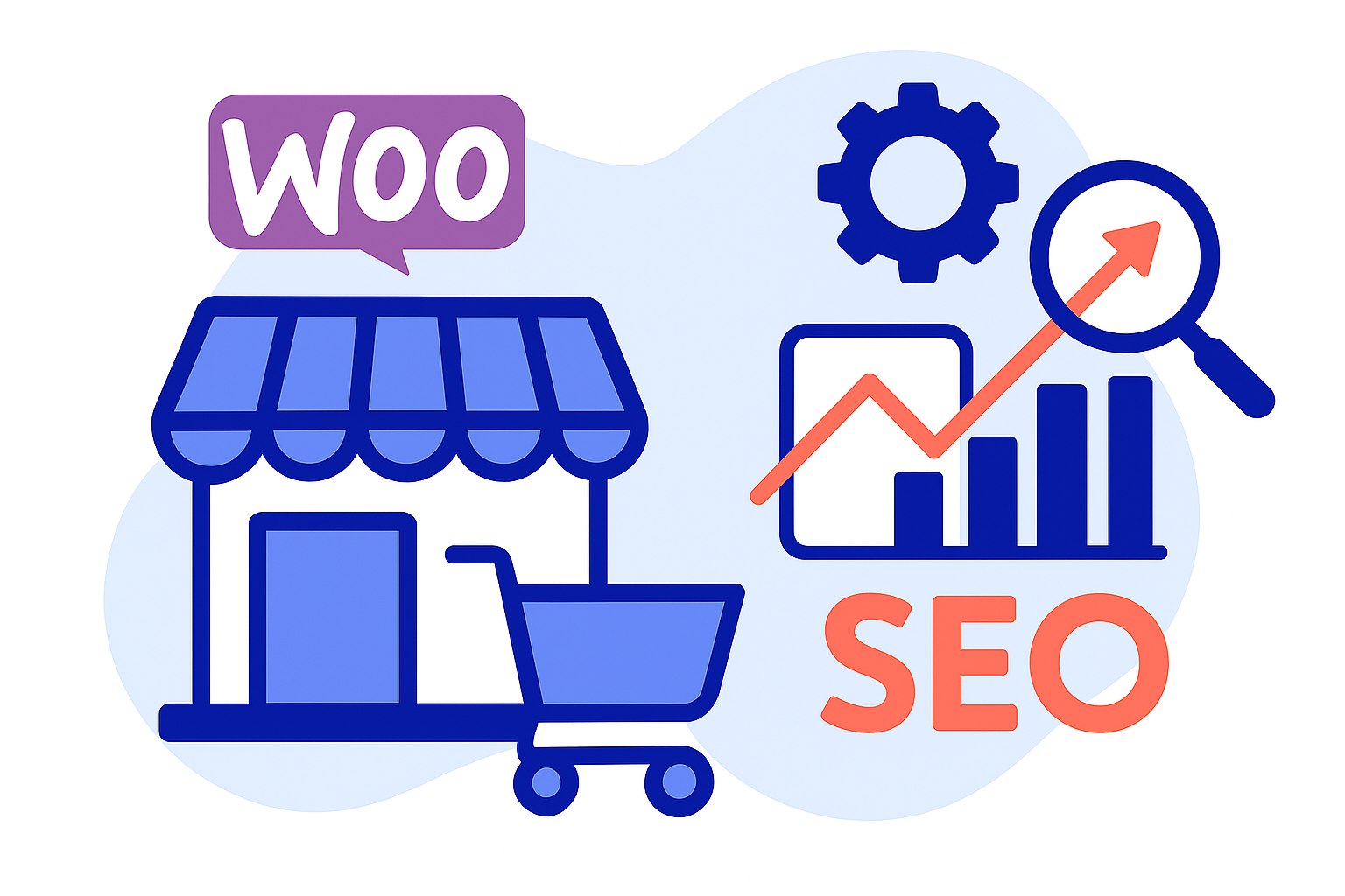 Illustration of a storefront with a shopping cart labeled "WOO," alongside SEO-related icons like a graph, gear, and magnifying glass, symbolizing WooCommerce and SEO optimization at WCEU.