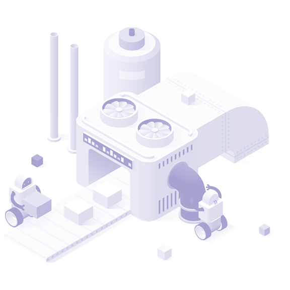 Isometric illustration of a factory with conveyor belt, two robots handling boxes, large fans on the roof, a storage tank, scattered cubes around the building—perfect for depicting processes like a WordPress code audit workflow.