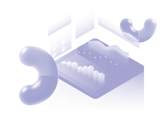 A 3D digital illustration shows floating translucent charts, graphs, and abstract, curved shapes in soft purple tones, visualizing technology concepts like data analysis or a WordPress code audit.
