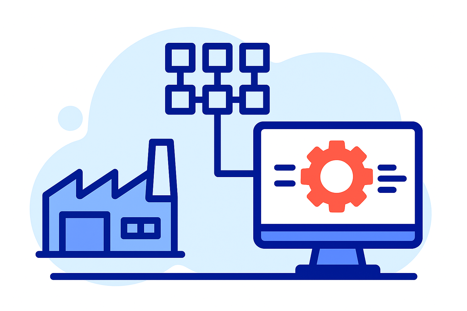 Illustration of a factory connected to a computer monitor displaying a red gear, symbolizing industrial automation, migration to smart manufacturing, and efficient data flow—ideal for demonstrating digital transformation or SEO in industry.