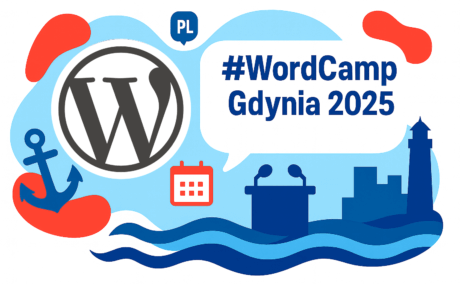 Colorful graphic for WordCamp Gdynia 2025 featuring the WordPress logo, an anchor, lighthouse, calendar, podium with microphones, and ocean waves. Speech bubble text and red-blue accents celebrate WordCamp spirit in Gdynia.
