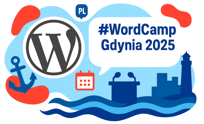 Colorful graphic for WordCamp Gdynia 2025 featuring the WordPress logo, an anchor, lighthouse, calendar, podium with microphones, and ocean waves. Speech bubble text and red-blue accents celebrate WordCamp spirit in Gdynia.
