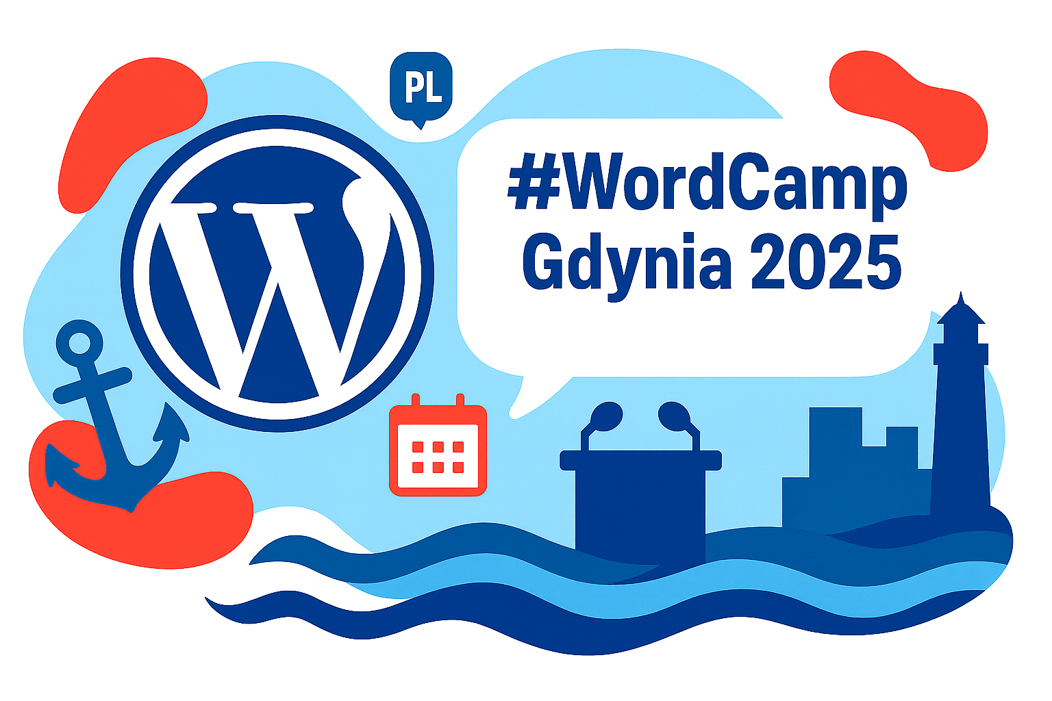 Illustration with the WordPress logo, anchor, calendar, podium with microphones, lighthouse, sea waves, and cityscape. Text reads “#WordCamp Gdynia 2025” with a “PL” speech bubble, in blue, white, and red colors.