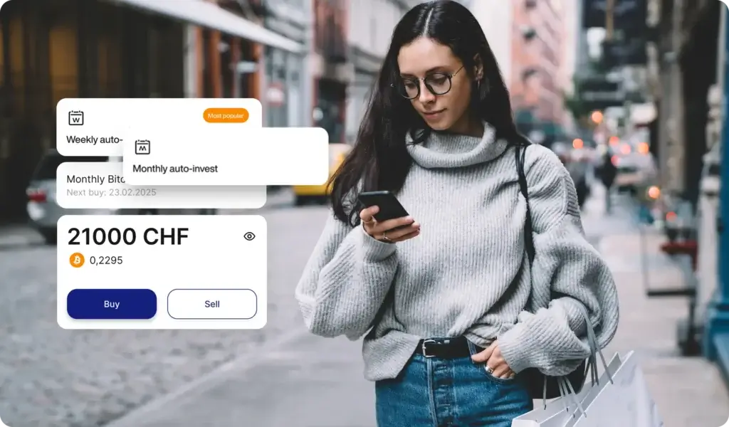 A woman in a gray sweater and glasses walks on a city street holding shopping bags and looking at her phone. Cryptocurrency trading and investment interface overlays appear on the image.