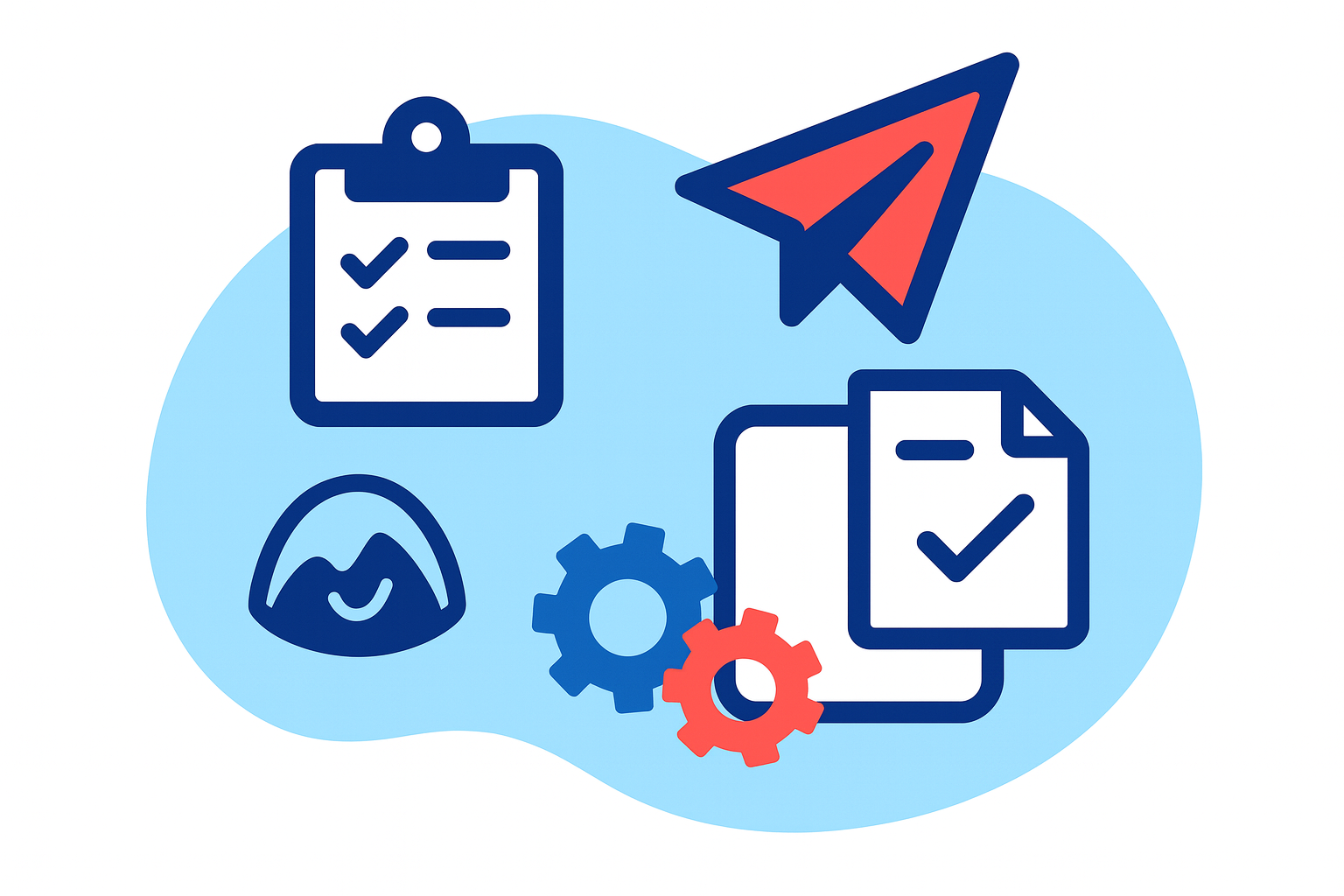 Illustration of a checklist, a red paper airplane, a mountain, gears, and documents with checkmarks, symbolizing productivity, organization, project management, and optimization for improved core web vitals.