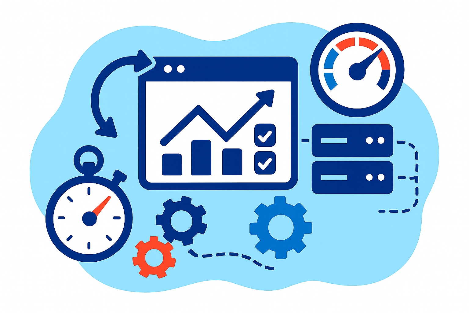Illustration of a computer screen with a rising graph and checkmarks, surrounded by a stopwatch, speedometer, server stacks, and gears, symbolizing optimized WordPress deployment and efficient QA workflows.