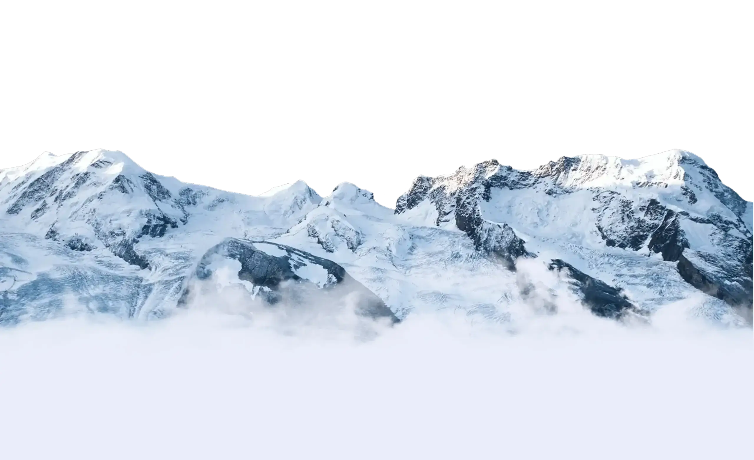 Snow-covered mountain peaks rise above a layer of clouds, with rocky ridges and slopes visible under the white snow. The black background creates a dramatic contrast with the bright, icy landscape.