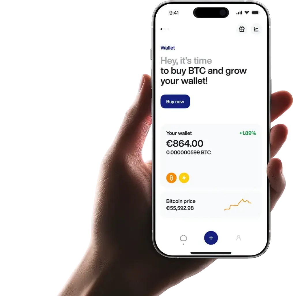 A hand holding a smartphone displays a fintech cryptocurrency wallet app with - example of website layout - Relai app