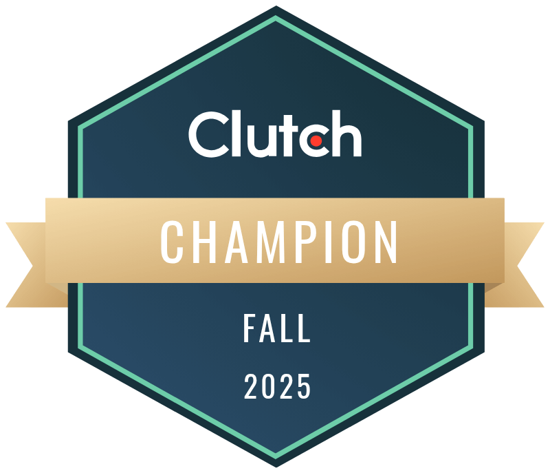 A hexagonal badge with a gold ribbon reading "Champion." The badge displays "Clutch" at the top and "Fall 2025" at the bottom, marking a champion award for outstanding WordPress agency work in Fall 2025.