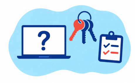An illustration showing a laptop with a question mark on the screen, a set of keys, and a clipboard with checkmarks, symbolizing wordpress website monitoring on a blue background.