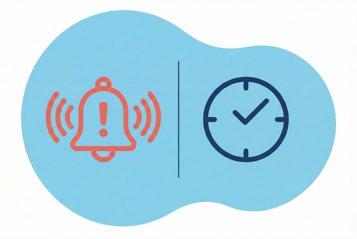 A red bell with an exclamation mark and sound waves on the left highlights urgency—like when a WordPress agency is not responding—while a blue clock with a checkmark on the right symbolizes timely solutions, all set on a light blue abstract background.