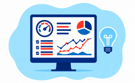 A computer monitor displays data visualizations including a pie chart, line graphs, a speedometer gauge, and checklists—perfect for tracking proactive WordPress maintenance—with a light bulb icon next to the screen on a blue background.