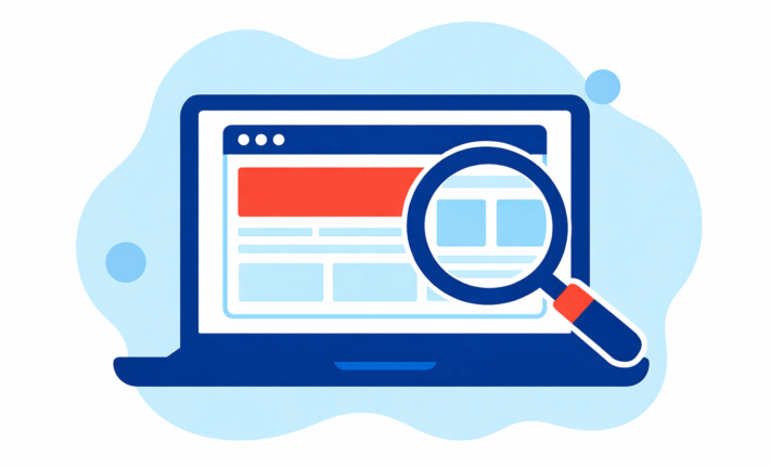 Illustration of a laptop displaying a webpage, with a large magnifying glass hovering over the screen, symbolizing website analysis and optimization. The background is light blue with abstract shapes. Perfect for showcasing core web vitals concepts.