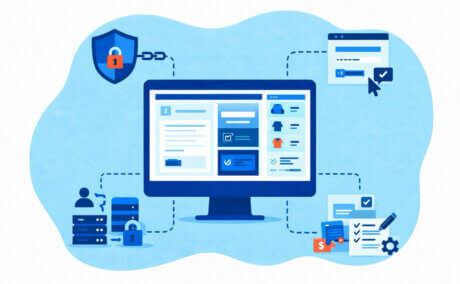 An illustration of a computer monitor displaying website elements, surrounded by icons of servers, security shields, online forms, shopping elements, and financial documents, representing cybersecurity and secure online transactions.