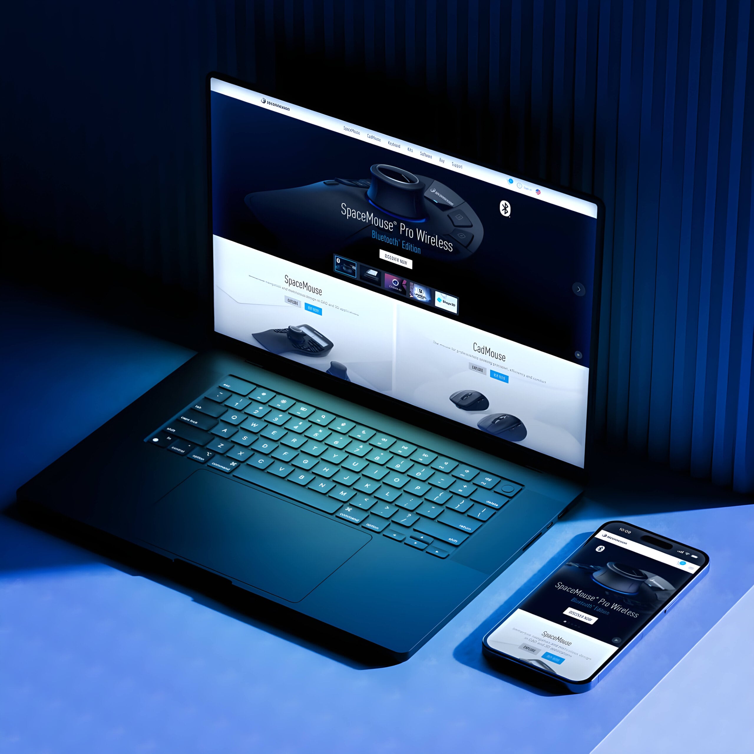 A laptop and a smartphone display the same website featuring a "SpaceMouse Pro Wireless" on a dark, blue-lit surface, highlighting the responsive design crafted by a leading WordPress development agency.