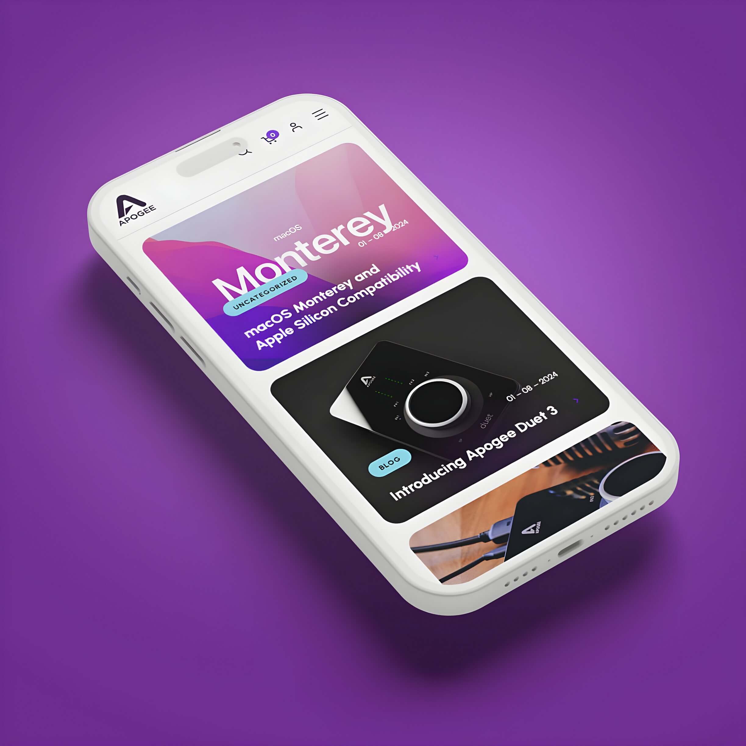 A white smartphone displaying a website with a purple theme on a purple background. The screen highlights macOS Monterey, Apple Silicon compatibility, and Apogee Duet—perfect inspiration for any WordPress development agency.