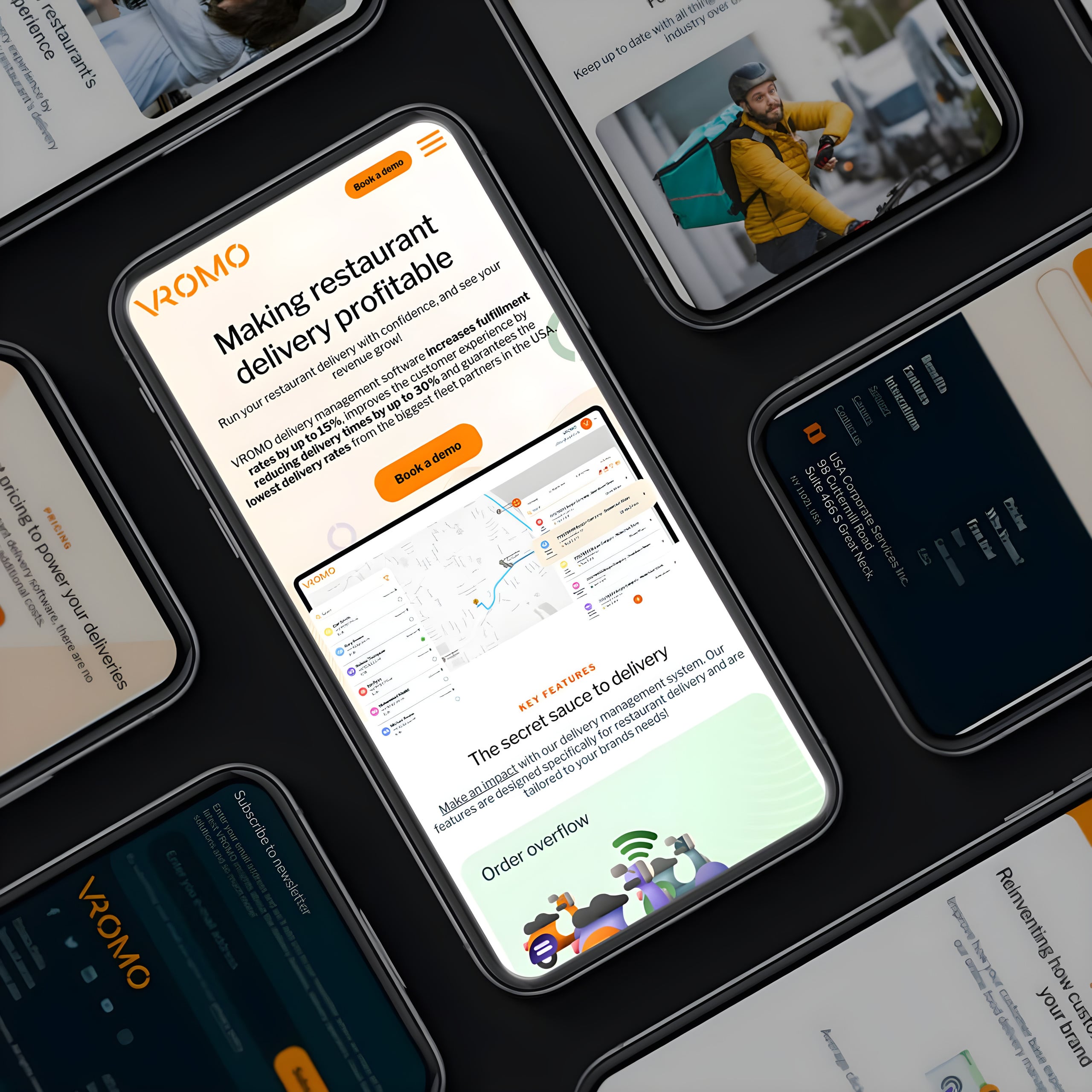 A smartphone displays the Vromo app website about making restaurant delivery profitable—perfect inspiration for any wordpress development agency—surrounded by other smartphones showing related app screens and delivery images on a dark surface.
