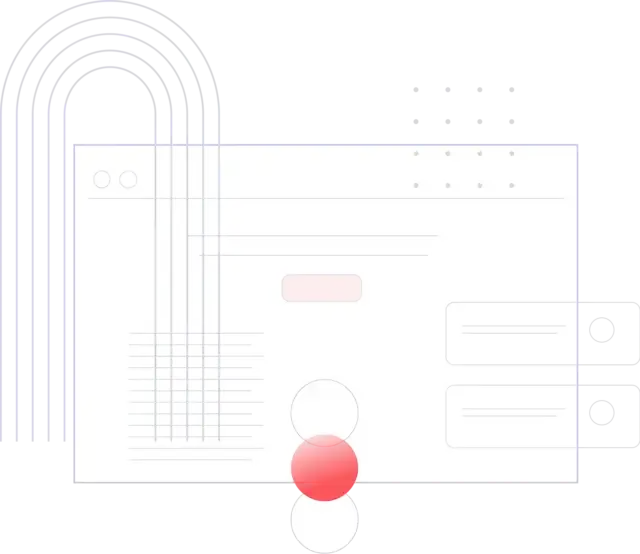 Abstract illustration of a web browser window with lines, circles, and geometric shapes in soft pastel colors, featuring curved lines on the left and red gradient circles at the bottom.