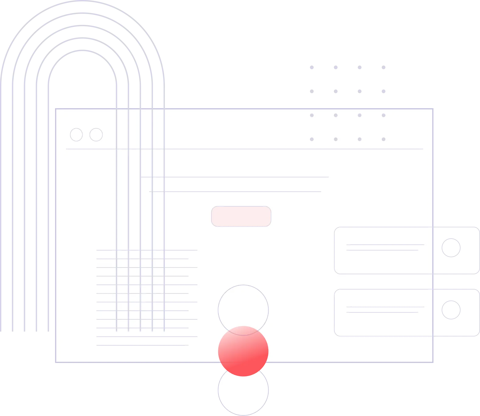 Abstract illustration of a web browser window with lines, circles, and geometric shapes in soft pastel colors, featuring curved lines on the left and red gradient circles at the bottom.