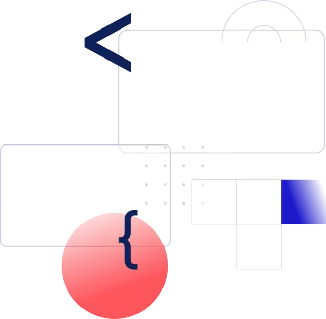 Abstract illustration with overlapping white and blue rectangles, a large red circle with a curly bracket, a partial blue arrow, and dotted accents on a transparent background.