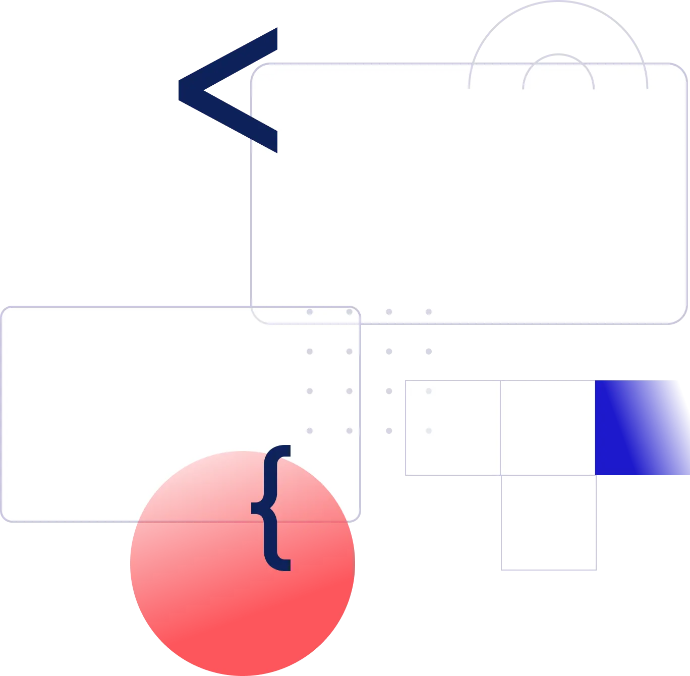 Abstract illustration with overlapping white and blue rectangles, a large red circle with a curly bracket, a partial blue arrow, and dotted accents on a transparent background.