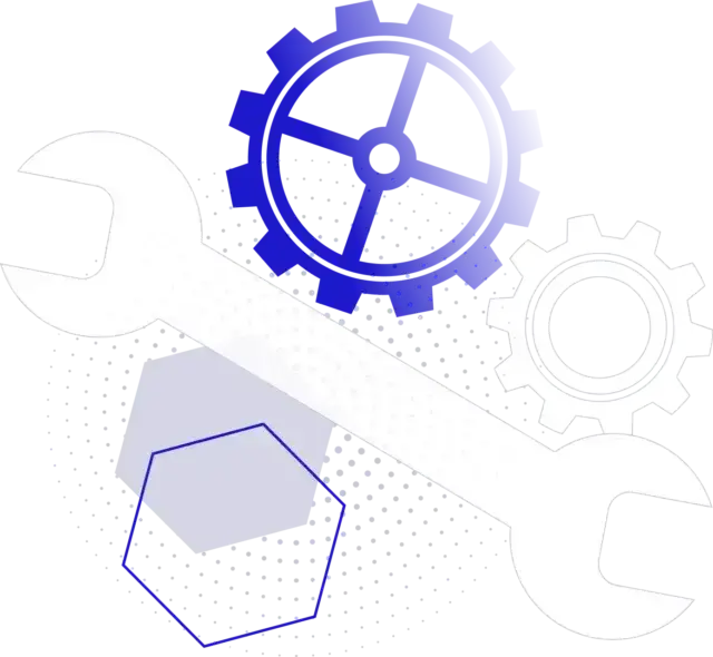 A graphic illustration featuring a large white wrench overlaid on blue and white gears and abstract geometric shapes, symbolizing tools, engineering, or technical support.