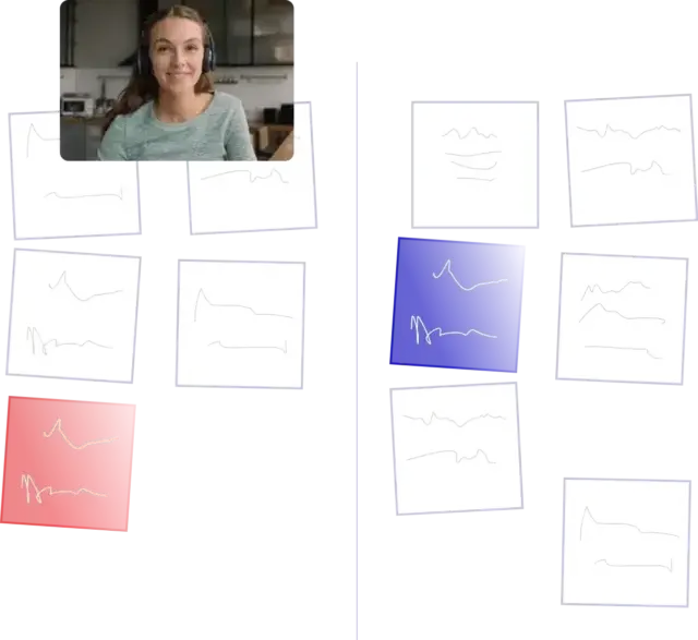 A woman on a video call is in the upper left. Below her are sticky notes, some red, some white, with lines drawn on them. On the right side, blue and white notes are grouped together on a black background.