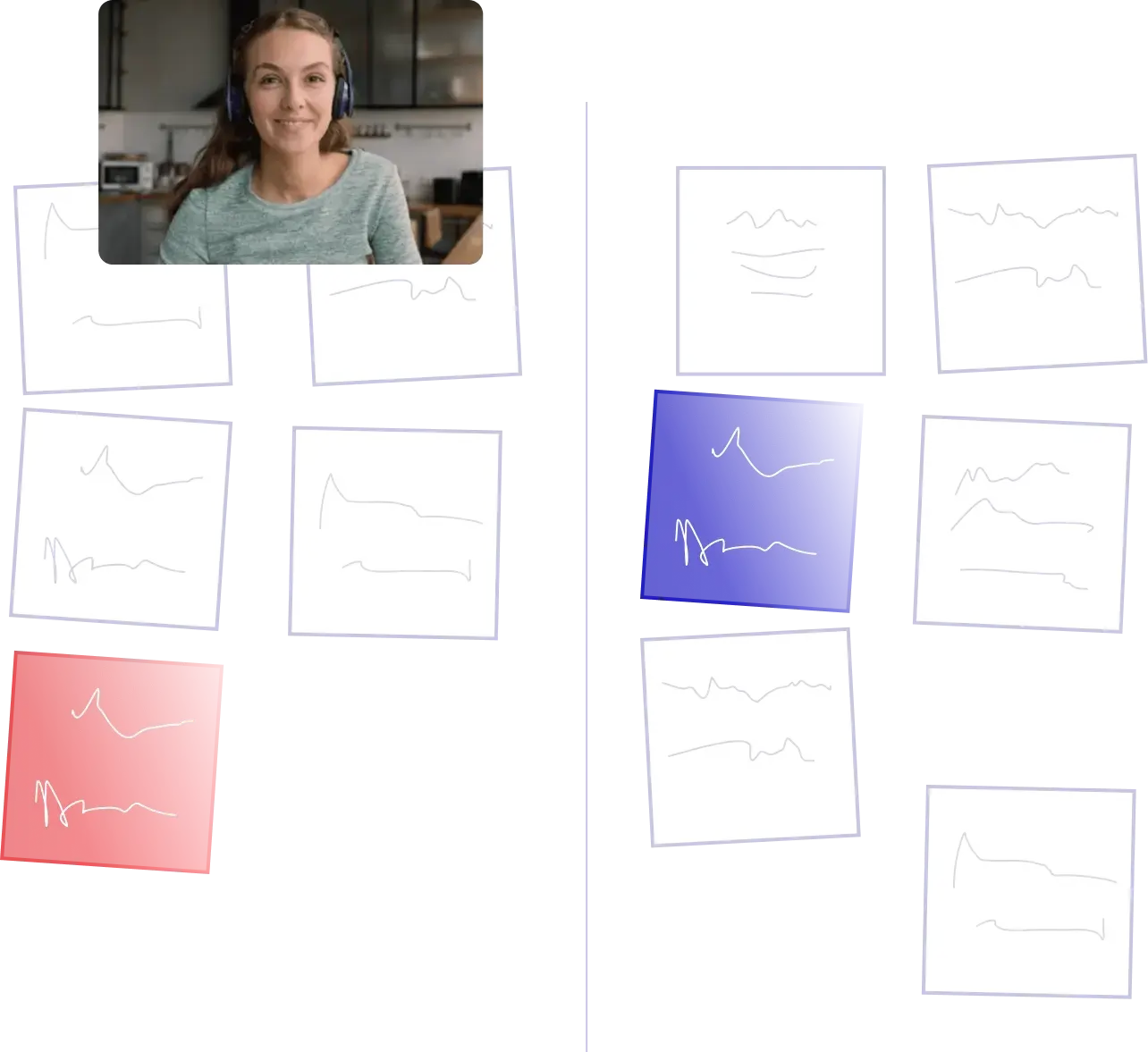 A woman on a video call is in the upper left. Below her are sticky notes, some red, some white, with lines drawn on them. On the right side, blue and white notes are grouped together on a black background.
