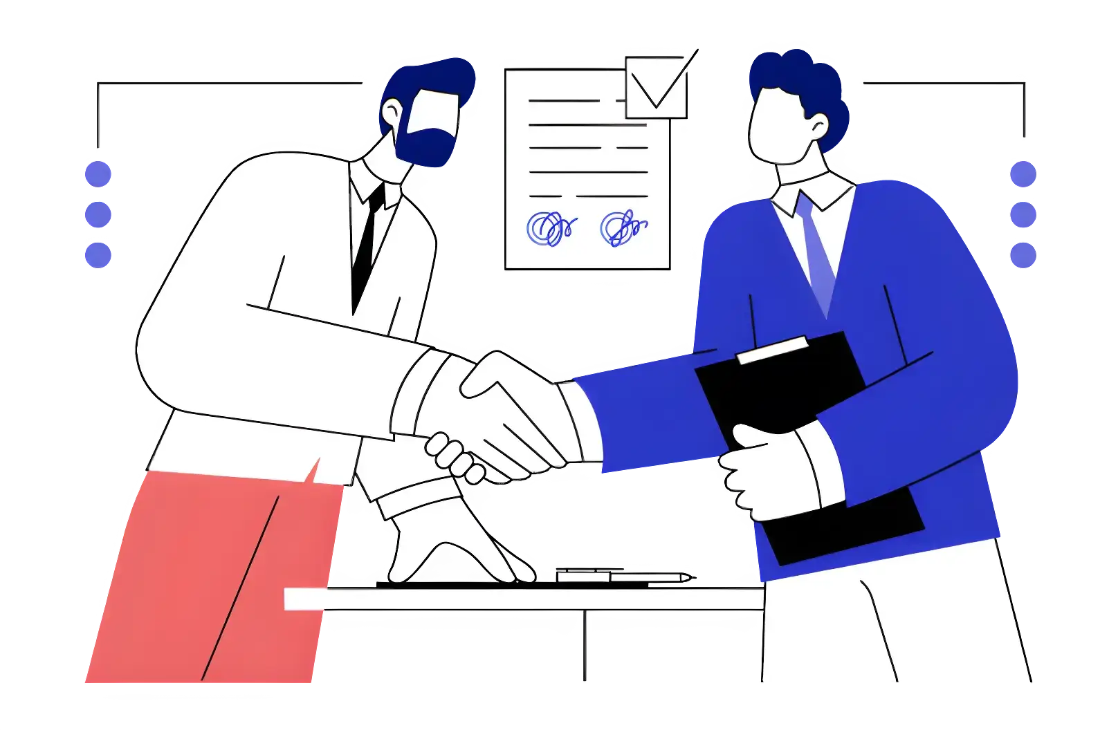 Two illustrated businesspeople in suits shake hands across a desk, with a signed contract and clipboard visible, symbolizing an agreement or successful partnership—perfect for showcasing collaborations on your WordPress website or OSOM Studio portfolio.