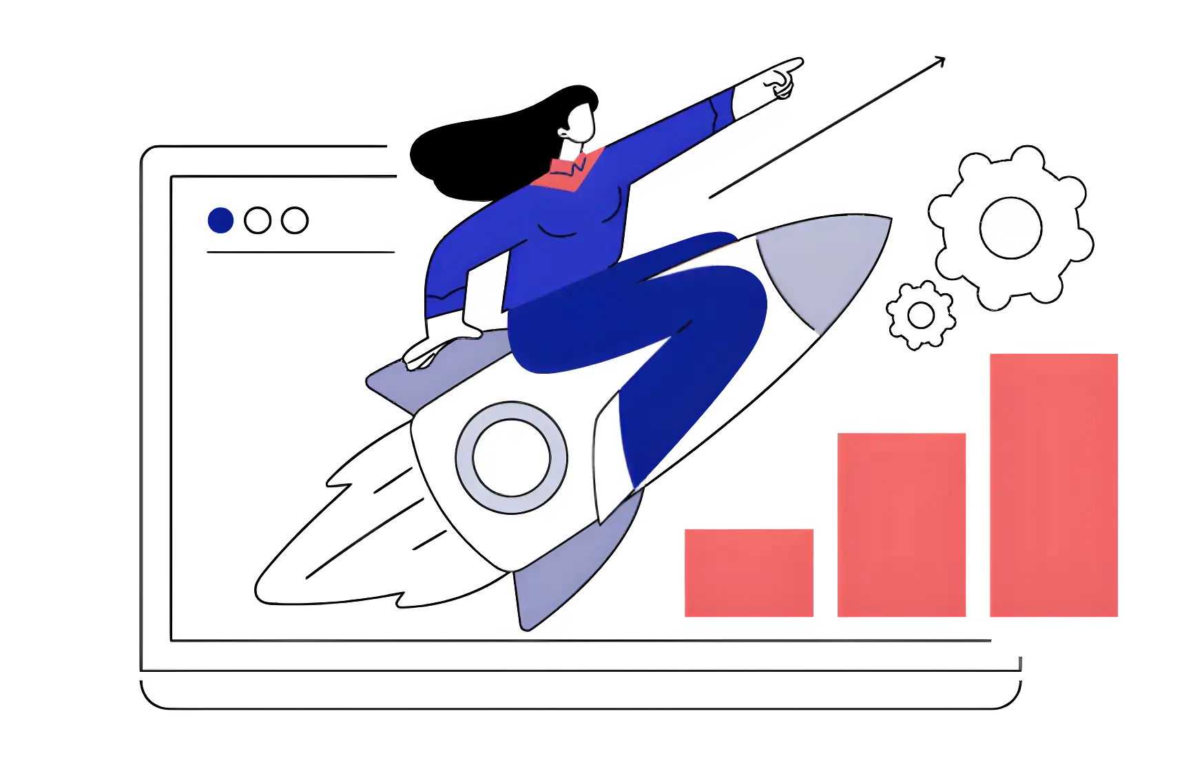 Illustration of a person riding a rocket, pointing forward, with red bar charts and gears in the background, symbolizing website growth and progress.