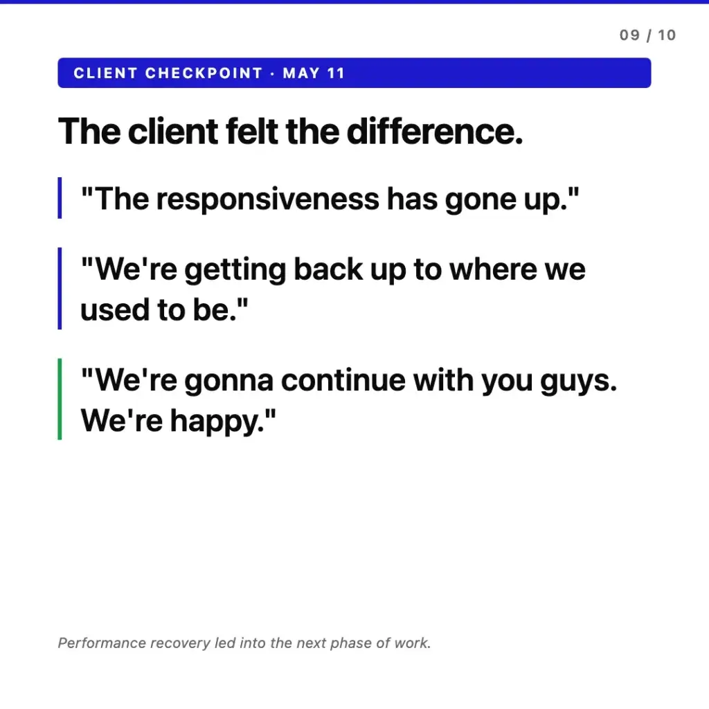 Client checkpoint May 11 quotes: "The responsiveness has gone up." "We're getting back up to where we used to be." "We're gonna continue with you guys. We're happy."