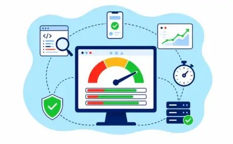 Flat vector illustration of WordPress Core Web Vitals performance dashboard: a monitor displaying a speed gauge with its needle in the green "Good" zone, surrounded by audit (magnifying glass over code), mobile speed check, upward-trending traffic chart, stopwatch, server with checkmark, and security shield — visualizing WordPress LCP recovery through audit-first engineering.